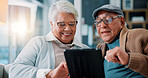 Senior couple, tablet and laugh on couch in home with meme, notification or funny video on web in lounge. Elderly man, woman and relax with touchscreen, joke or comic movie in retirement at apartment