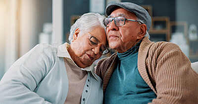 Buy stock photo Senior couple, hug and sad in home with love, support and comfort in retirement relationship. Elderly man, thinking and care for wife with loss, grief and emotional moment in marriage with consoling