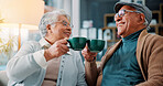 Senior couple, toast and coffee on sofa with smile, cheers and anniversary with bonding, care and love in home. Elderly woman, man and excited with tea, drinks and happy with celebration in lounge