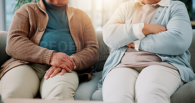 Buy stock photo Home, hands and senior couple with conflict in marriage, argument and disagreement in living room. Sofa, elderly man and old woman with body language for toxic relationship, breakup and fighting