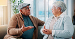 Senior couple, argument and sofa at house for fighting, divorce conflict and partner disagreement. Elderly people, communication problem and confront of separation, marriage crisis and betrayal drama