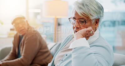 Buy stock photo Senior couple, ignore and argument at house for fighting, divorce conflict and partner disagreement. Elderly people, communication problem and toxic for separation, marriage crisis and betrayal drama