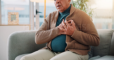Buy stock photo Old man, hands or chest pain with heart attack, anxiety or medical emergency in home. Retirement, cardiology and elderly person with cardiac arrest, stress or stroke, breathing issue in health risk