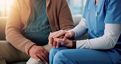 Buy stock photo Home, caregiver and senior person with holding hands for support, empathy and console after diagnosis news. Sofa, nurse and old patient with consultation for wellness, compassion and trust in closeup