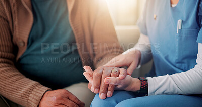 Buy stock photo Sofa, caregiver and senior patient with holding hands for support, empathy and console for medical news. Home, nurse and old person with consultation for wellness, compassion and flare in closeup