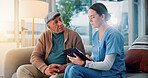 Home, old man and nurse with tablet for consultation, checkup and feedback for medical information. House, senior person and caregiver with tech for diagnosis update, discussion or healthcare on sofa