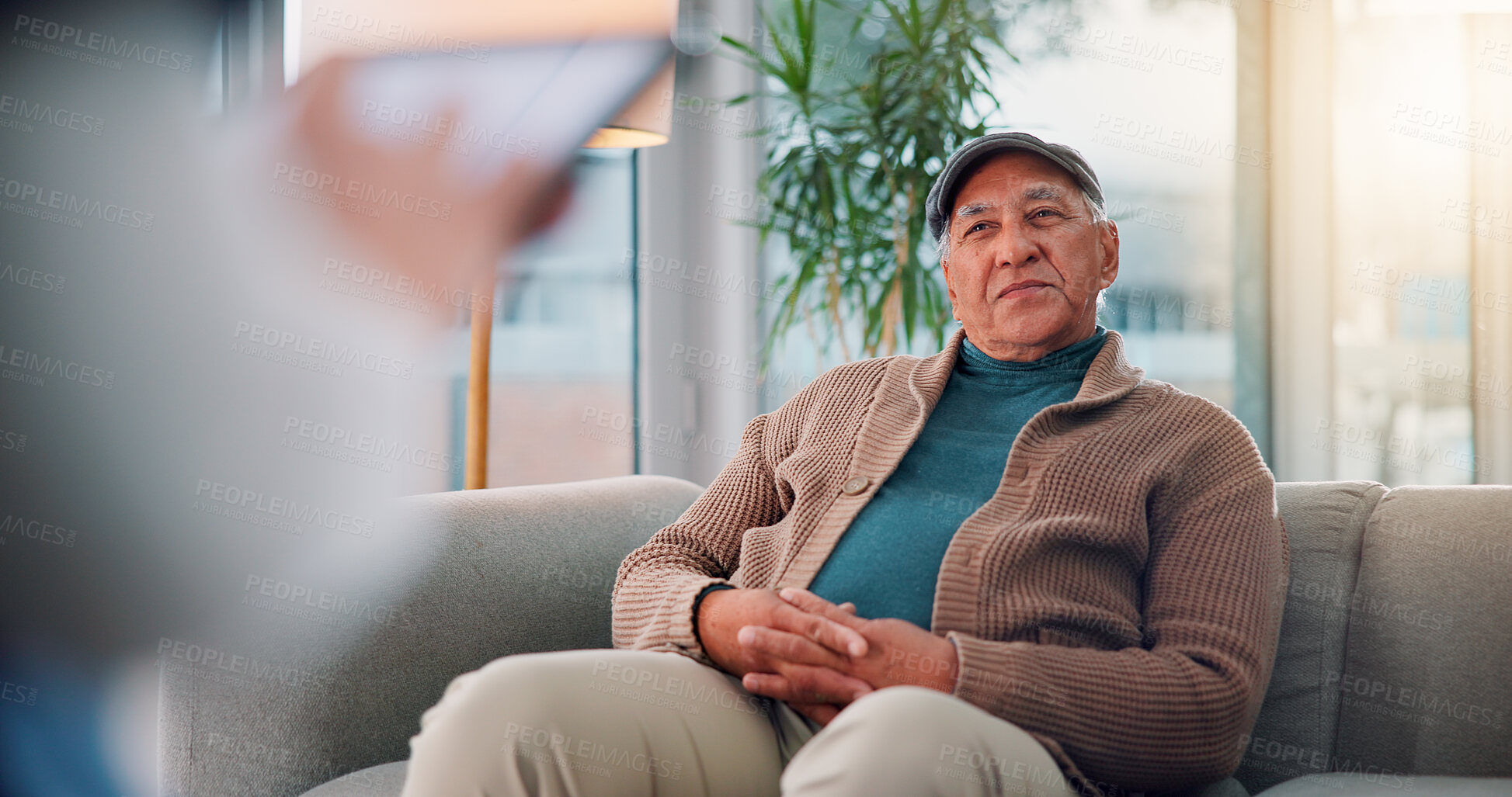 Buy stock photo Medical checkup, nurse and senior man with consultation, post surgery and healthcare. Pensioner, elderly patient and professional with tablet, conversation and advice for treatment, diagnosis or talk