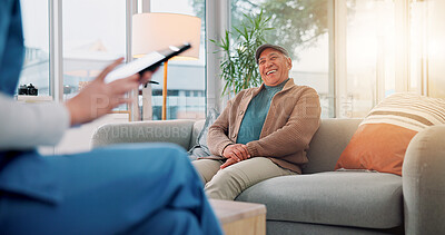 Buy stock photo Nurse, consulting and funny with old man on sofa for laughing therapy, trust and healthcare support. Medical advice, happiness and comedy with senior person in office for counseling and help