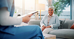 Tablet, advice and smile with nurse and old woman on sofa for counseling, psychologist and talking. Support, healthcare and psychiatrist with senior person in office for therapy and consulting