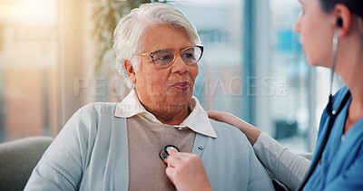 Buy stock photo Checkup, healthcare and stethoscope of nurse with old woman on sofa in living room of home. Breathing, cardiology and medical appointment with caregiver and senior patient in apartment for retirement