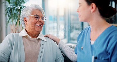 Buy stock photo Senior woman, nurse and laughing on sofa for funny conversation, healthcare support and medical service. Elderly person, caregiver and happy for homecare assistance, kindness or empathy in retirement