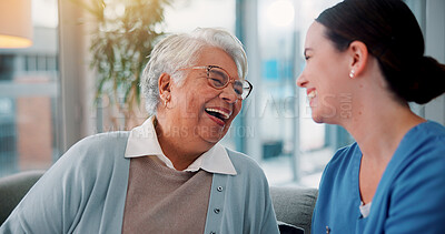 Buy stock photo Elderly woman, nurse and laughing on sofa for funny conversation, medical support and bonding. Senior patient, caregiver and happy for homecare assistance, kindness and compassion in retirement home