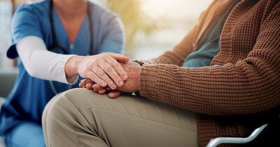 Buy stock photo Couch, nurse and senior patient with holding hands for support, empathy and console for medical news. Home, caregiver and old person with consultation for wellness, compassion and trust in closeup