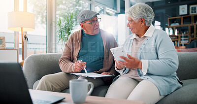 Buy stock photo Senior couple, calculator and paperwork on sofa with finance, budget and review for bills in retirement. People, clipboard and partner with talk for problem solving, pension and investing in lounge