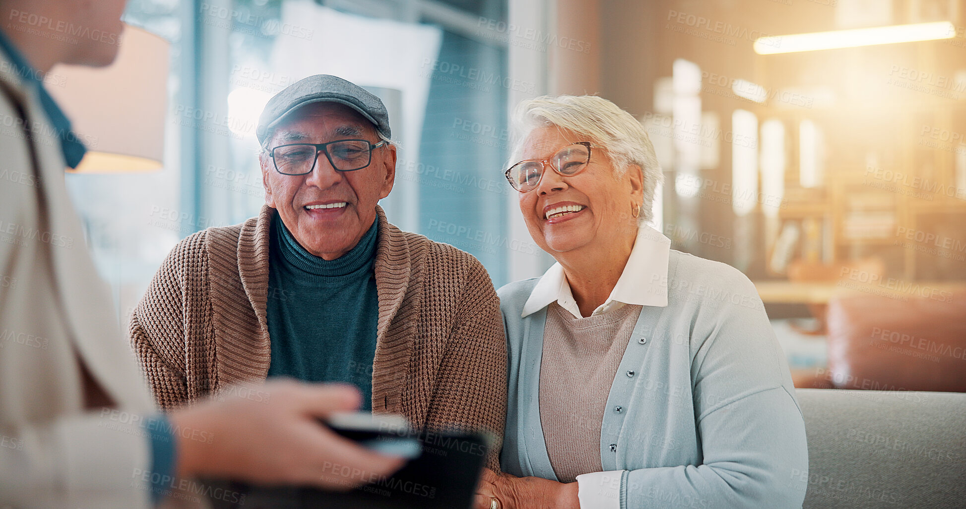 Buy stock photo Smile, consulting and financial advisor with old couple in office for retirement plan, wealth management and profit. Insurance payout, budget and broker with senior man and woman for joint account