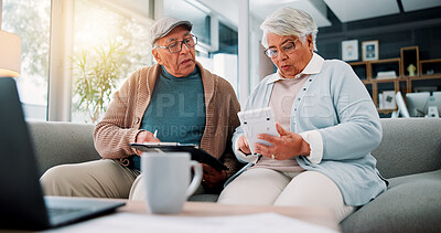Buy stock photo Senior couple, clipboard and calculator at house for finance planning, review bills and payment checklist. Elderly people, budget and document for expenses, insurance application and asset management