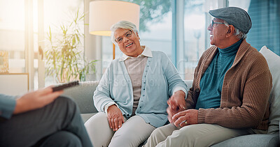 Buy stock photo Smile, advice and financial advisor with old couple in office for retirement fund, wealth counseling and profit. Investment success, planning and broker with senior people for joint account savings