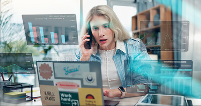 Buy stock photo Woman, laptop and phone call with hud for statistics, data analysis or market research at office. Female person, consultant or investor with mobile smartphone or digital overlay for investment report