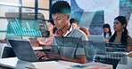 Man, laptop and statistics with hologram in workshop for online trading course or market analysis class. Male person, junior trader or intern on computer with digital overlay for investment platform