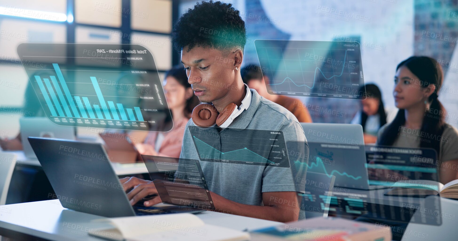 Buy stock photo Man, laptop and statistics with hologram in workshop for online trading course or market analysis class. Male person, junior trader or intern on computer with digital overlay for investment platform