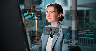 Buy stock photo Happy woman, computer and night with hud statistics or hologram for online trading or market analysis. Female person, broker or financial analyst working late with digital overlay for investment data