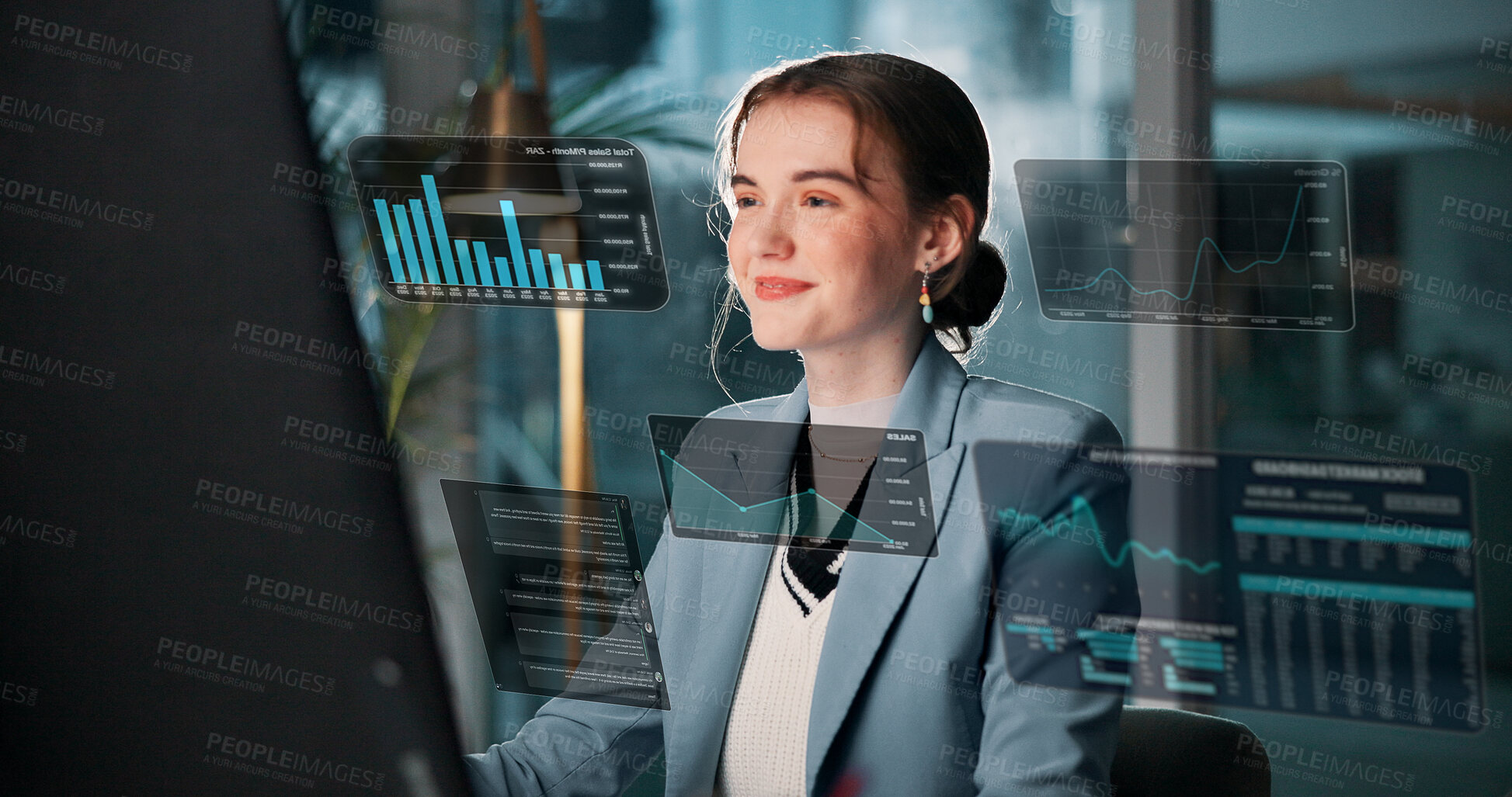 Buy stock photo Happy woman, computer and night with hud statistics or hologram for online trading or market analysis. Female person, broker or financial analyst working late with digital overlay for investment data