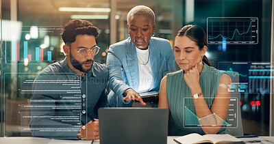 Buy stock photo Business people, night and coaching with laptop, hologram or hud for market analysis at office. Group, employees or discussion with computer data or digital overlay for online statistics at workplace