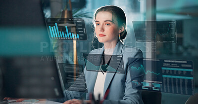 Buy stock photo Woman, computer and night with hud statistics or hologram for online trading or market analysis. Female person, broker or financial analyst working late with digital overlay for investment platforms