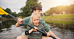River, mom and child with paddle for kayak, water activity or adventure for bonding together. Lake, mother and girl kid with learning for canoeing, travel holiday and rowing outdoor as family in boat