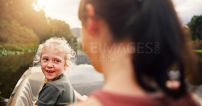 Buy stock photo Girl, mom and happy with kayak, river and outdoor on vacation with bonding, adventure or nature. People, mother and daughter with boat, canoe and smile on lake, water and summer on holiday in France