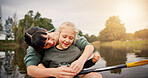 Lake, mom and child with hug for kayak, water activity or adventure for bonding together. River, mother and happy kid with support for canoeing, travel holiday and paddle outdoor as family in boat