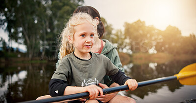 Buy stock photo Lake, woman and child with thinking for kayak, water activity and adventure in summer camp. River, female instructor and girl with learning for canoeing, skills development and paddle outdoor in boat