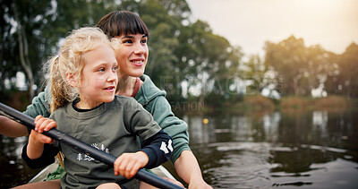 Buy stock photo Kayak, mother and child with smile in lake, water activity and adventure for bonding together. River, mom and girl kid with paddle for canoeing, travel holiday and rowing outdoor as family in boat