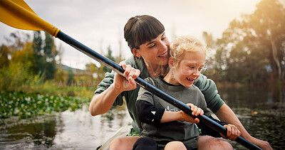 Buy stock photo Kayak, mother and child with support in lake, water activity and adventure for bonding together. River, mom and girl with paddle to learn canoeing, travel holiday and rowing outdoor as family in boat