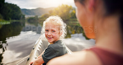 Buy stock photo Girl, mom and happy with canoe, river and outdoor on vacation with bonding, adventure or nature. People, mother and daughter with boat, kayak and smile on lake, water or portrait on holiday in France