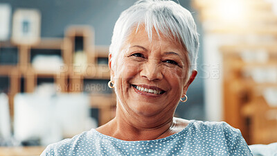 Buy stock photo Senior, woman and smile with portrait in home for relax, comfortable and peaceful in retirement. Elderly person, happy and confidence on sofa for insurance, security and weekend break in living room