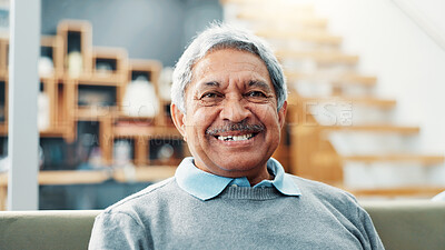 Buy stock photo Senior, man and happy with portrait in home for relax, comfortable and peaceful in retirement. Elderly person, smile and confidence on sofa for mortgage freedom, security and insurance in living room