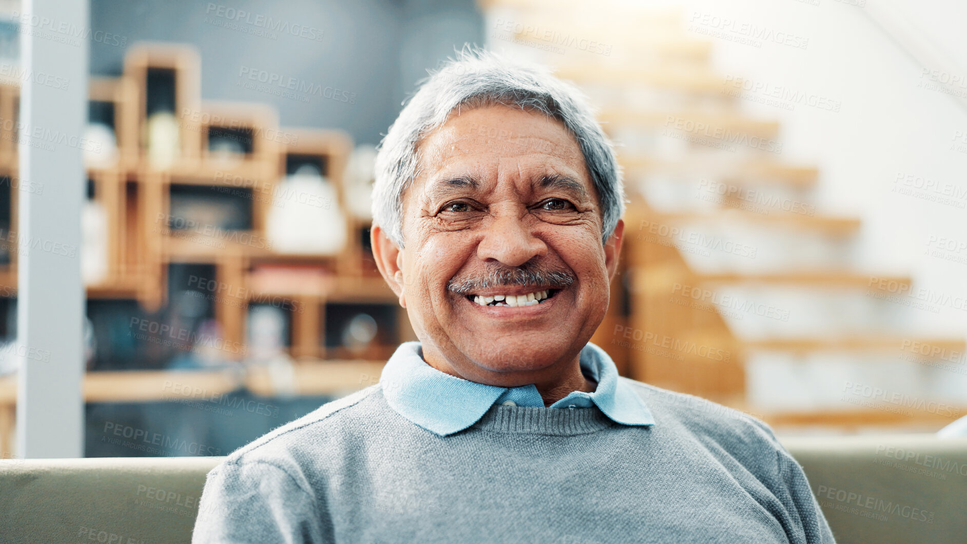 Buy stock photo Senior, man and happy with portrait in home for relax, comfortable and peaceful in retirement. Elderly person, smile and confidence on sofa for mortgage freedom, security and insurance in living room