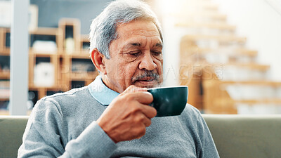 Buy stock photo Relax, drinking and senior man with coffee on sofa for calm, peace and morning routine. Happy, cappuccino and elderly male person enjoying cup of tea on couch in living room at retirement home.