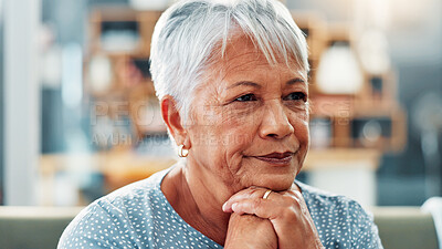 Buy stock photo Old woman, thinking or reflection on sofa in house for nostalgia, past or history with lonely pensioner in retirement. Mistake, regret or memory with grief, loss or contemplating life in nursing home