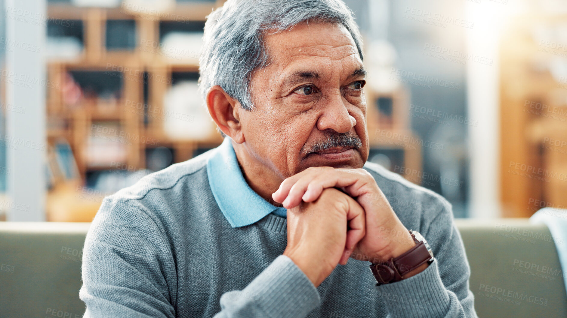 Buy stock photo Old man, thinking or reflection on sofa in house for nostalgia, past or history with lonely pensioner in retirement. Mistake, regret or memory with grief, loss or contemplating life in nursing home