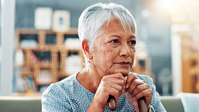 Buy stock photo Old woman, thinking or regret on sofa in house for nostalgia, past or history with lonely pensioner in retirement. Mistake, reflection or memory with grief, loss or contemplating life in nursing home