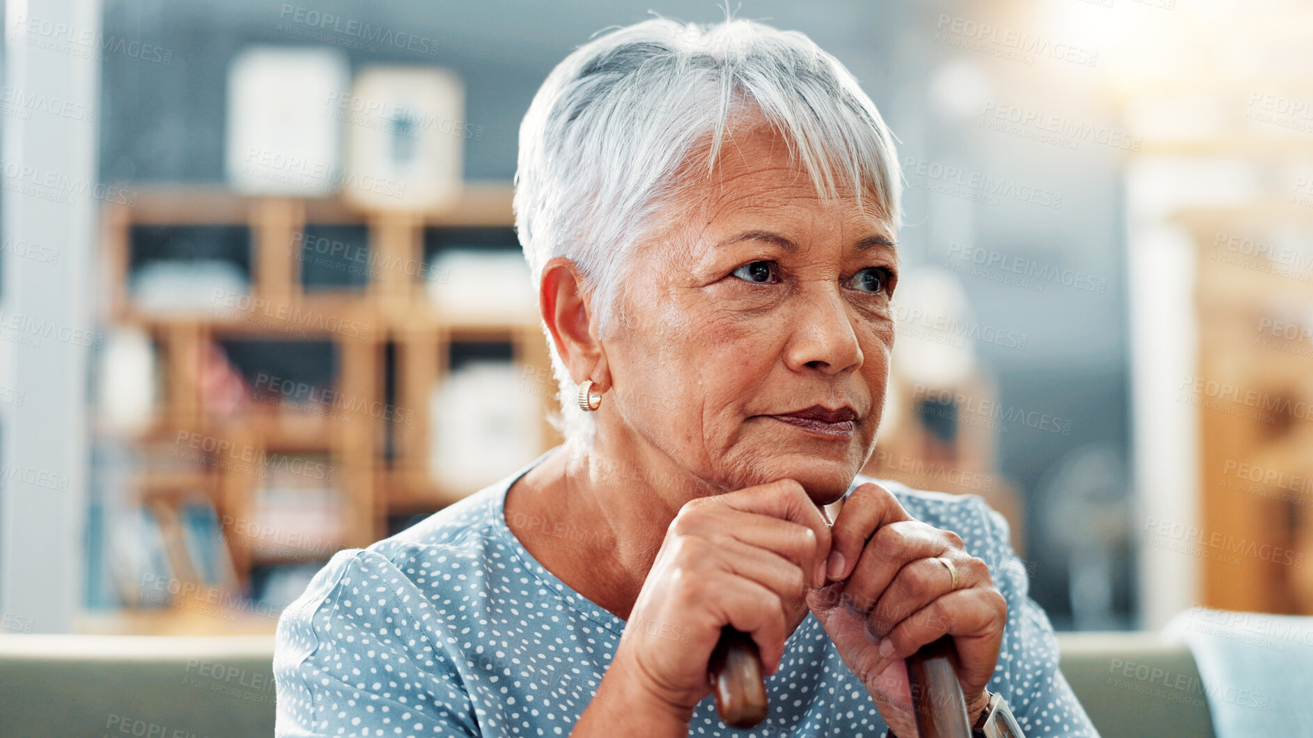 Buy stock photo Old woman, thinking or regret on sofa in house for nostalgia, past or history with lonely pensioner in retirement. Mistake, reflection or memory with grief, loss or contemplating life in nursing home