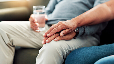 Buy stock photo Compassion, empathy and hands of couple in living room of home together for bonding, love or support. Comfort, sympathy and trust with senior people closeup in apartment for connection or healing