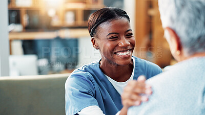 Buy stock photo Happy woman, nurse and hand on shoulder for support, healthcare and medical wellness in home. Retirement, senior patient and comfort with caregiver in lounge for help, kindness and empathy with trust