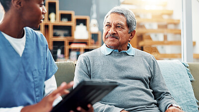 Buy stock photo Old man, nurse and tablet in home for healthcare, medical support and test results. Retirement, senior patient and caregiver with technology in living room for help, checkup report and insurance app