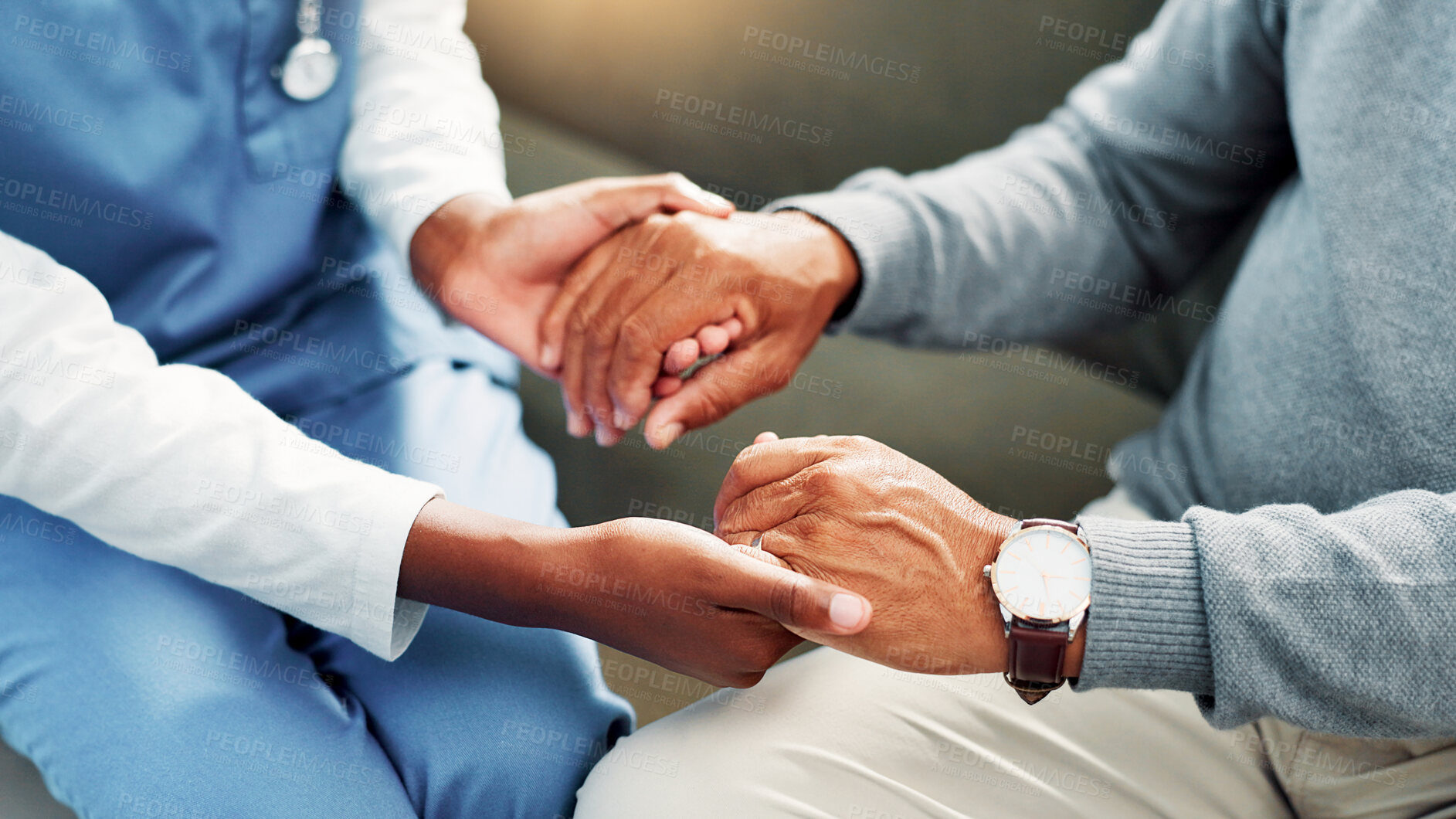 Buy stock photo Holding hands, empathy and nurse with patient in home for comfort, kindness or consultation. Medical, care and caregiver with person for checkup with hope, trust and advice for diagnosis in house.