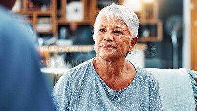 Buy stock photo Senior woman, nurse and consultation in home for healthcare, medical support and wellness. Retirement, patient and conversation with caregiver in living room for help, checkup and community care