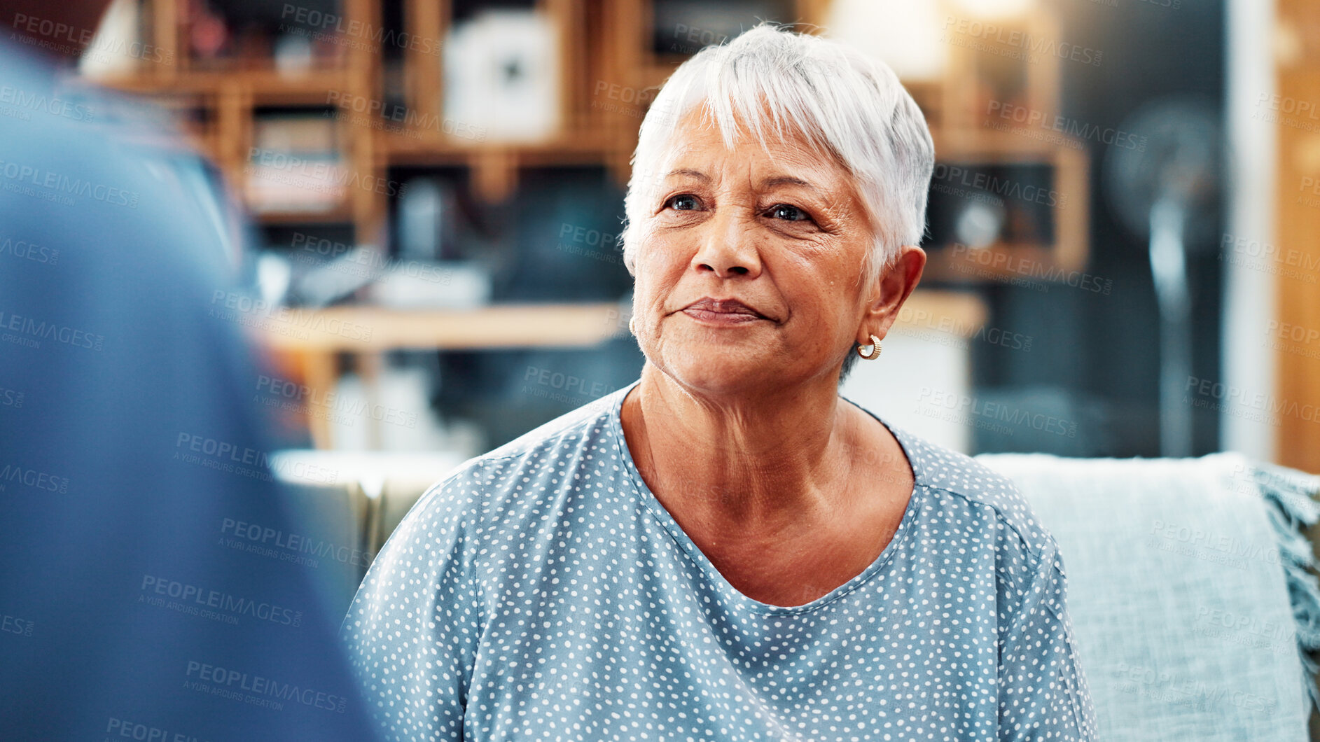 Buy stock photo Senior woman, nurse and consultation in home for healthcare, medical support and wellness. Retirement, patient and conversation with caregiver in living room for help, checkup and community care