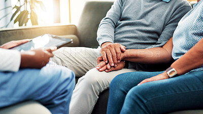 Buy stock photo Hands, tablet and healthcare with old couple, nurse and support with medical professional. Discussion, insurance or life cover with mature man, woman and meeting for consultation and communication